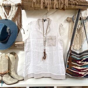 Linen sleeveless blouse w mother of Pearl buttons and resort vacay beach vibe
